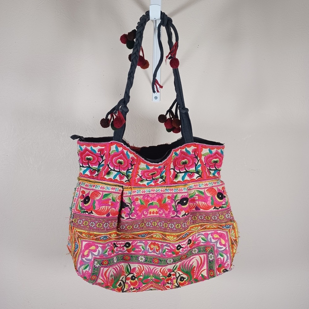 Embroidered Phoenix Hmong Pom Pom Artisian Bag Asian‎ Folk Art Tote Purse